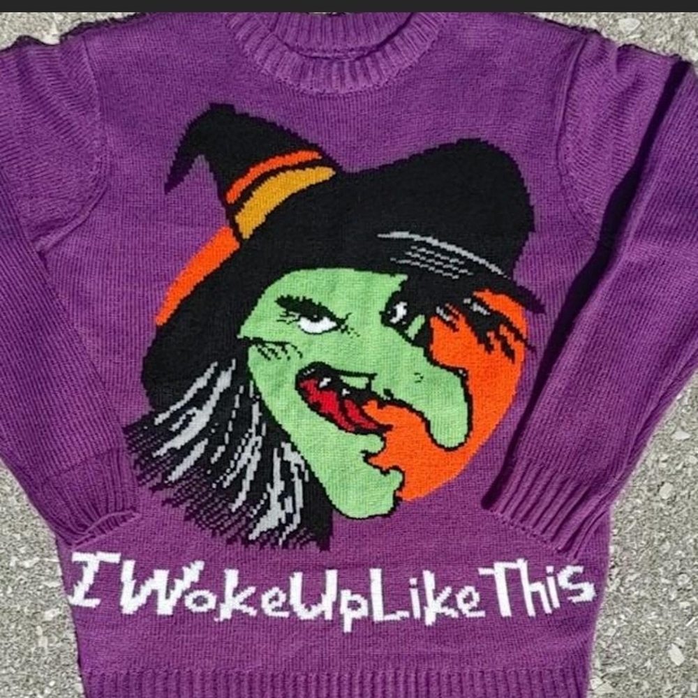 Y2K Witchy Halloween Horror Print Knitted Crew Neck Sweater Small Purple - Picture 4 of 5